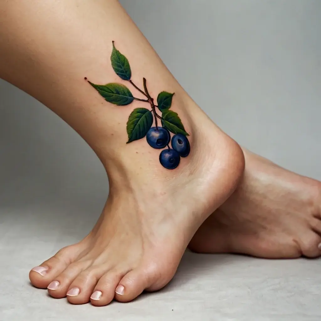 Realistic blueberry branch tattoo on ankle, featuring vibrant leaves and detailed berries, emphasizing natural beauty.