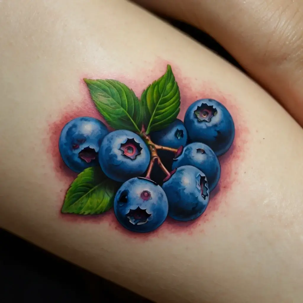 Vivid tattoo of realistic blueberries and green leaves, showcasing a burst of color and detail on the skin.