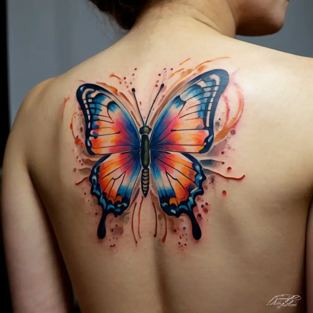 Vivid butterfly tattoo on back with orange, blue, and pink hues, featuring watercolor splashes for a dynamic, artistic effect.