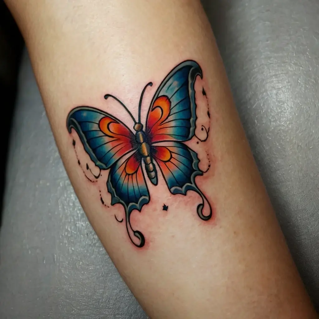 A vibrant butterfly tattoo with blue and orange wings, featuring delicate scrollwork and small star accents.