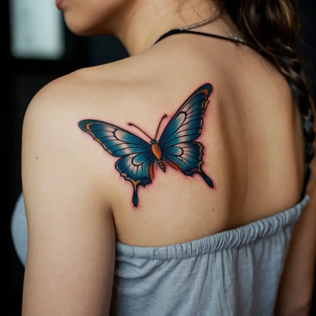 Blue butterfly tattoo on shoulder with orange accents, realistic wings, and a light shadow effect underneath.