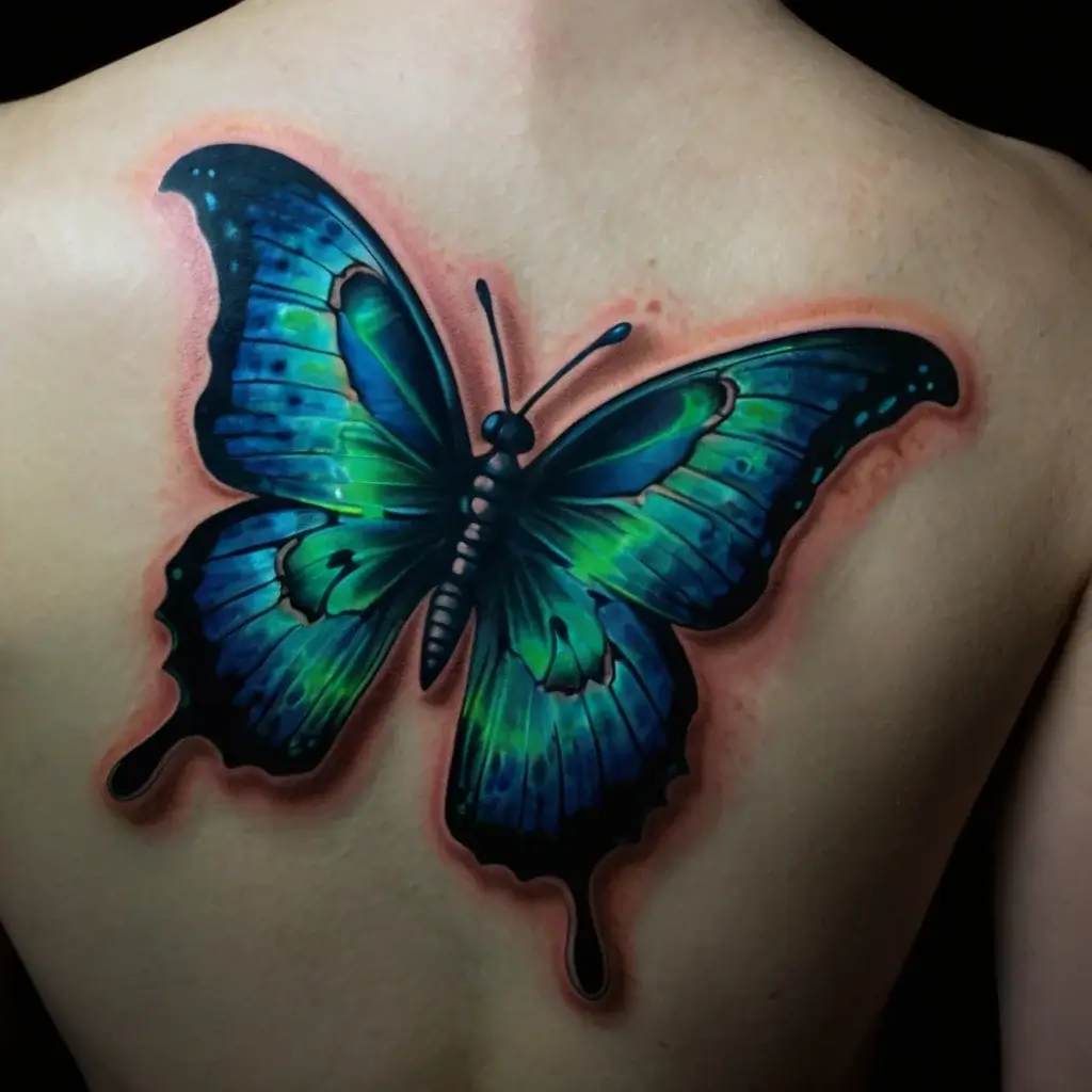 Vivid blue and green butterfly tattoo on back, with realistic shading and gradient; highlights detailed wings and body.