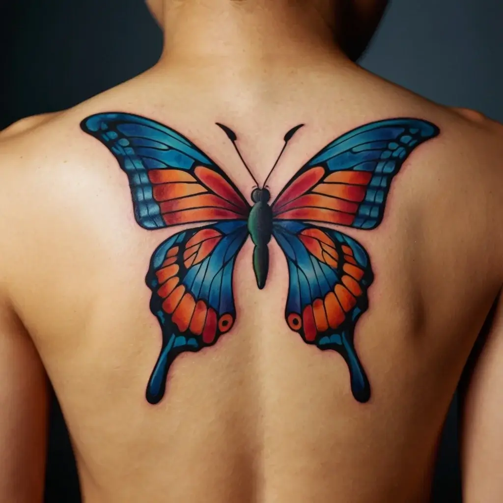 Vivid butterfly tattoo with blue and orange wings spread across back, intricate patterns, and a touch of realism.