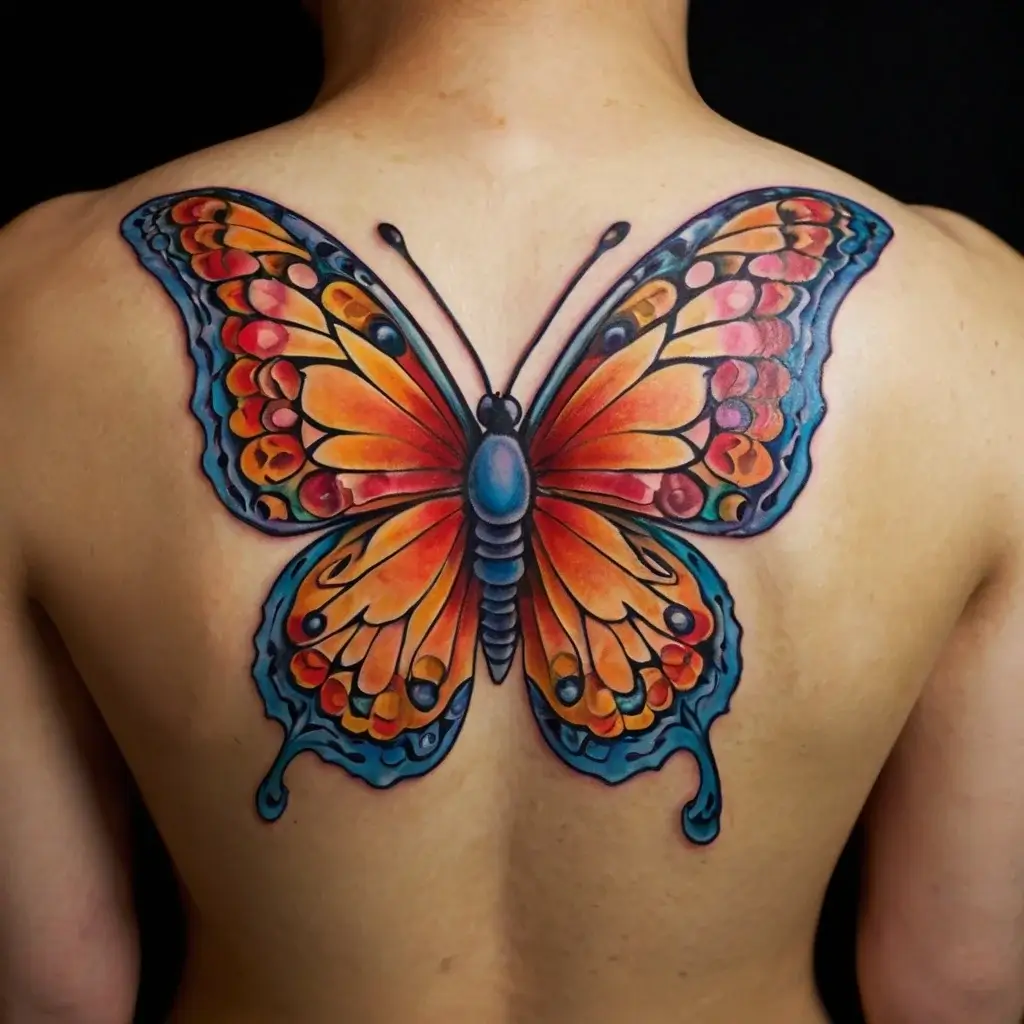 Vibrant butterfly tattoo with orange and blue wings, detailed black outlines and intricate patterns covering the upper back.