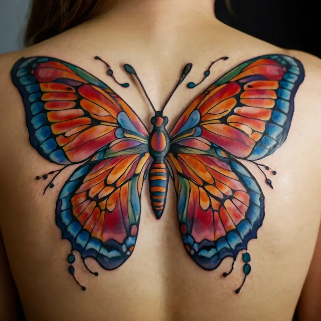 Vibrant butterfly tattoo with vivid orange, blue, and pink patterns fills the upper back, symbolizing transformation.