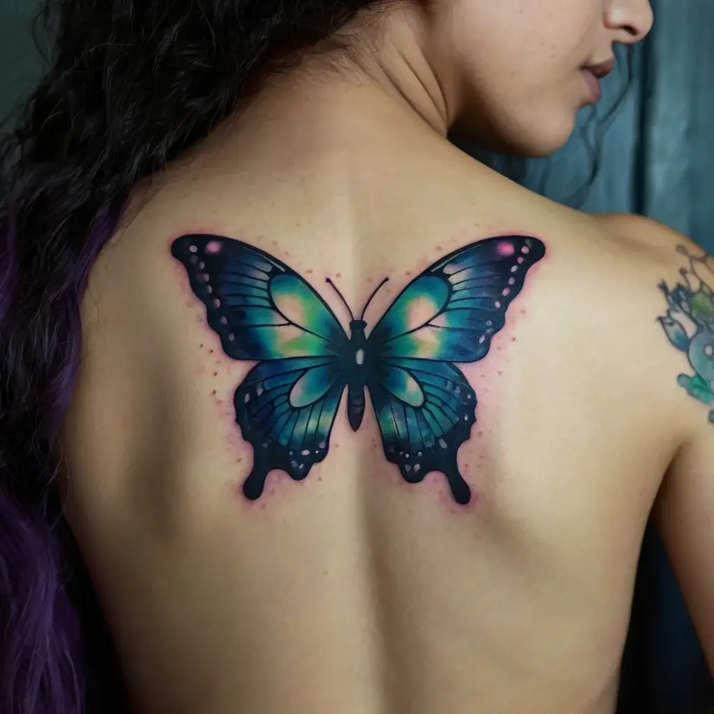 Vibrant butterfly tattoo on back, featuring blue and green hues with pink accents and dot details, symbolizing transformation.