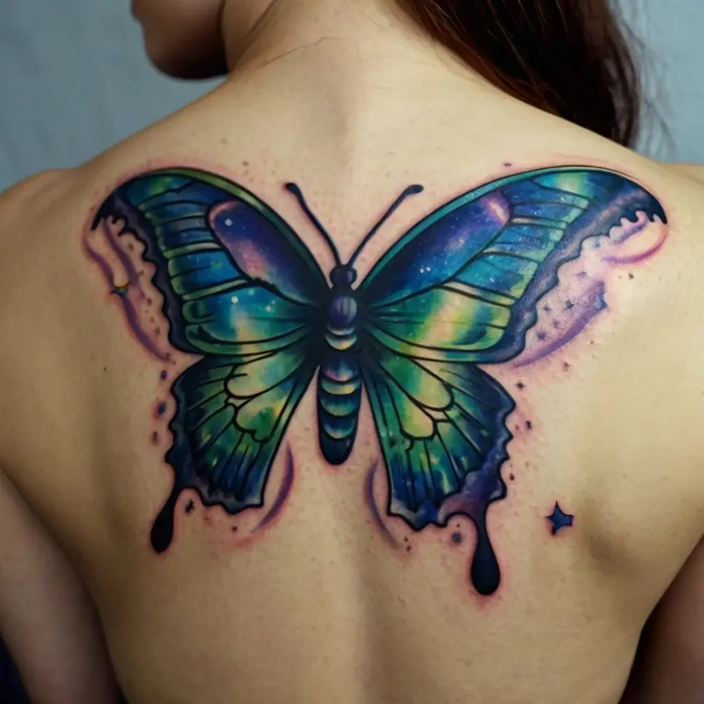 Vibrant butterfly tattoo on back, featuring galaxy-like hues of blue, green, and purple with star details and fluid edges.