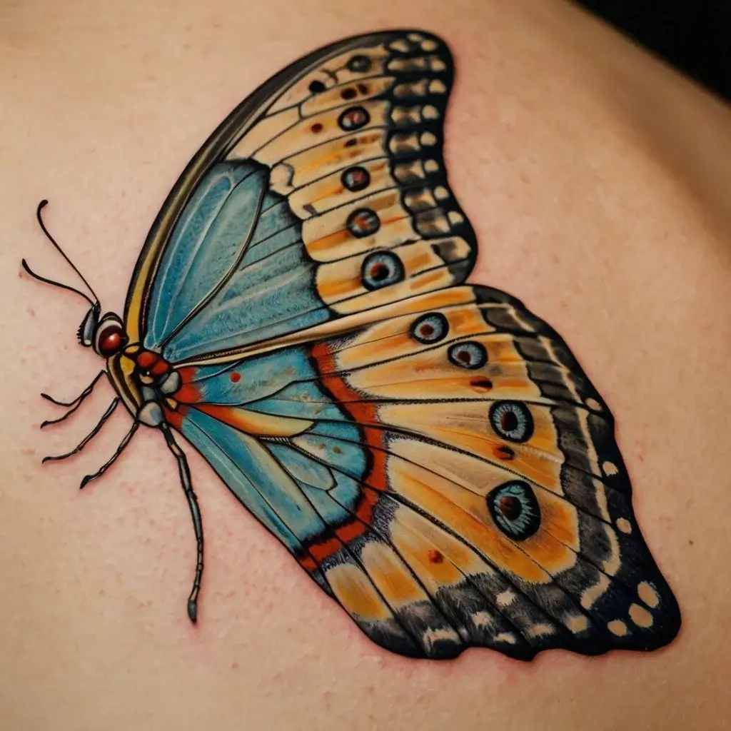 Tattoo of a vibrant butterfly in shades of blue and orange, with intricate patterns and realistic detailing on the wings.