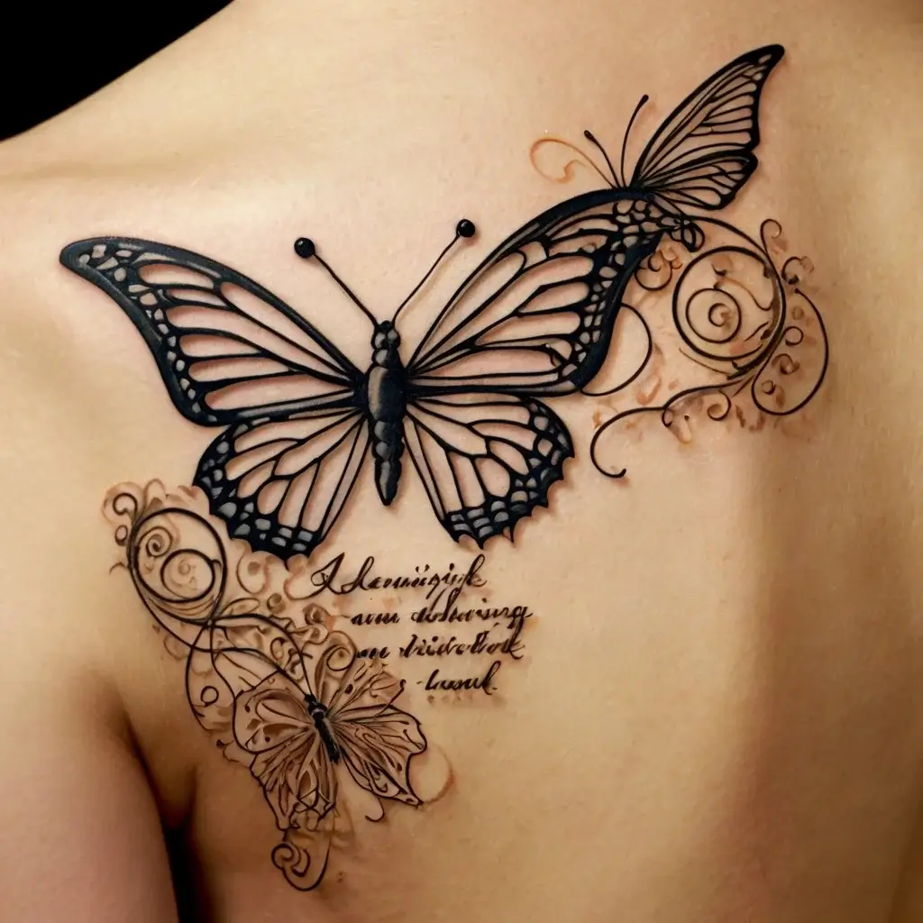 Intricate butterfly tattoo with swirling vines and calligraphy, symbolizing transformation and elegance on the shoulder blade.