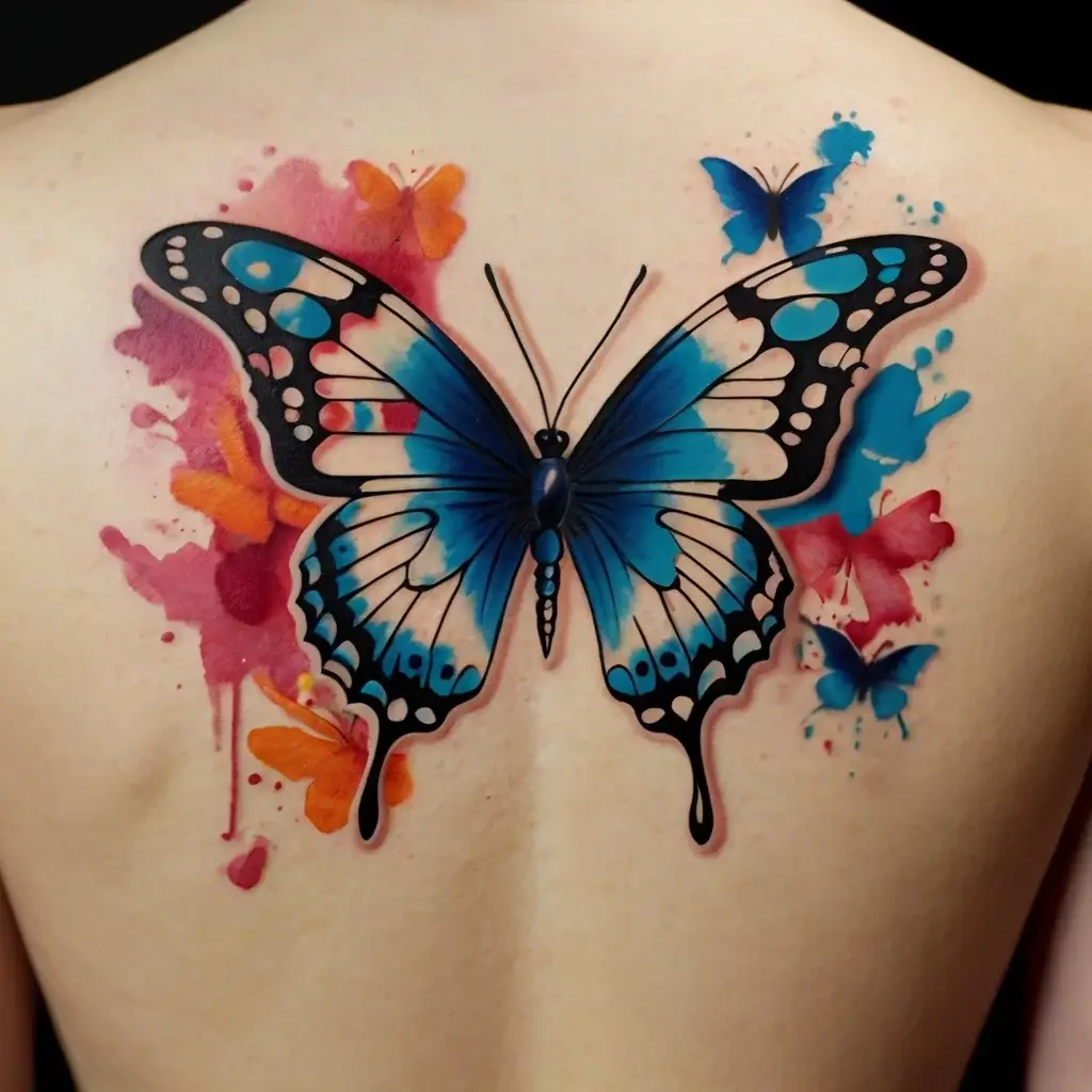 Vibrant tattoo of a large blue butterfly with detailed wings, surrounded by watercolor effects and smaller butterflies.