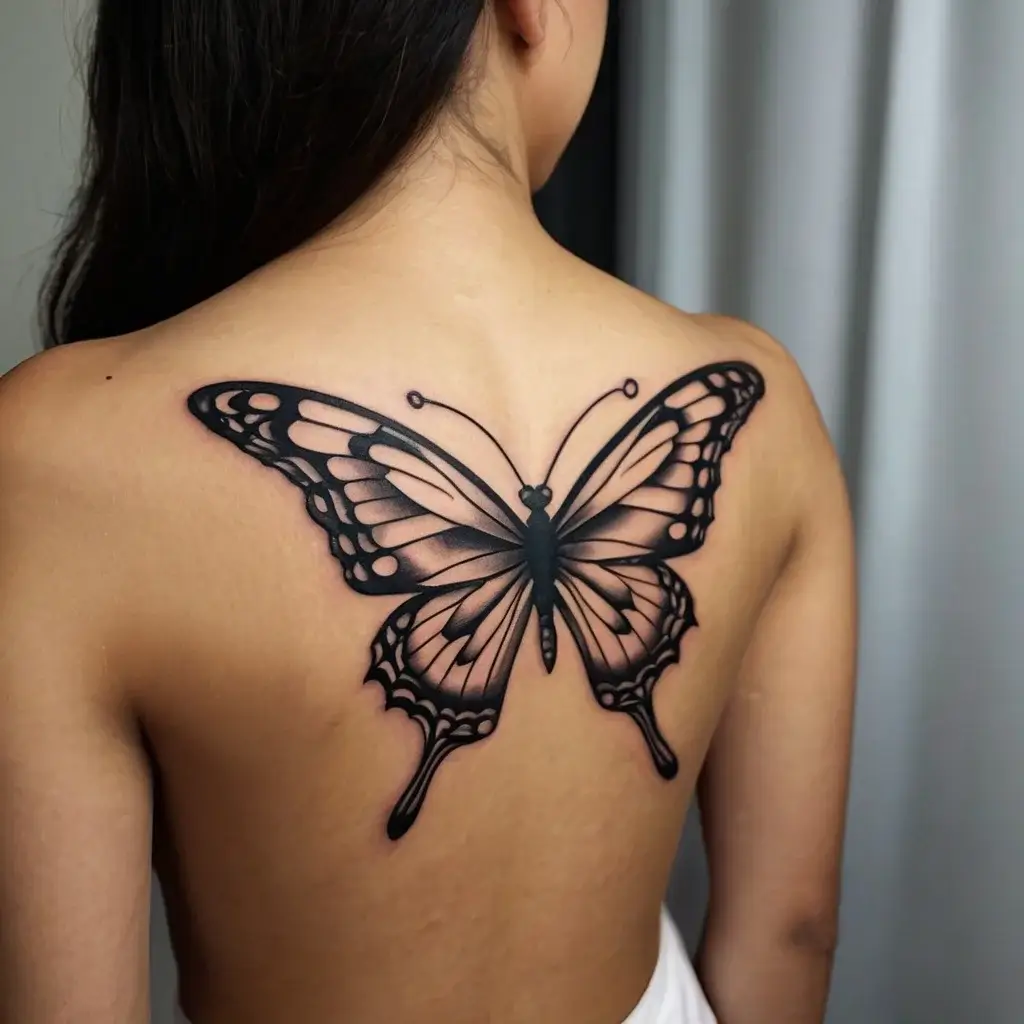 A detailed black butterfly tattoo spans the upper back, featuring shaded wings with intricate patterns and bold outlines.