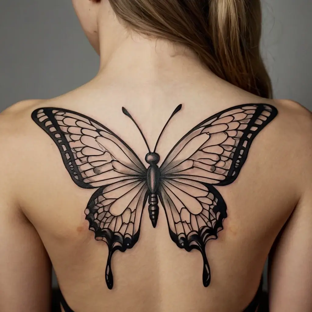 Black and gray butterfly tattoo on back; intricate design with realistic wings and dripping ink effect.