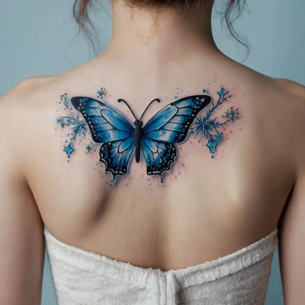 Tattoo of a vibrant blue butterfly with detailed wings, accented by delicate floral elements and subtle sparkles.