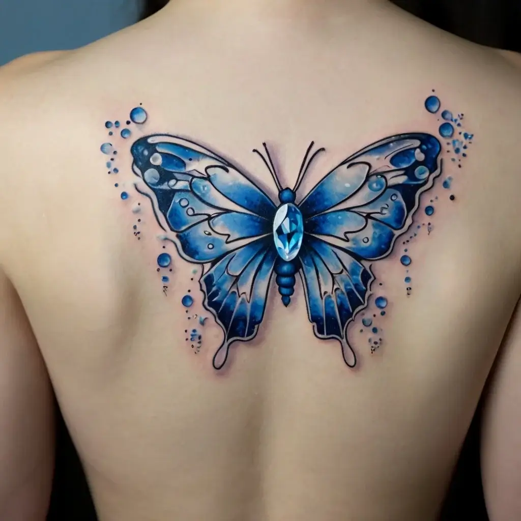 Blue butterfly tattoo with jewel accent, surrounded by decorative water droplets, emphasizing vibrancy and elegance.