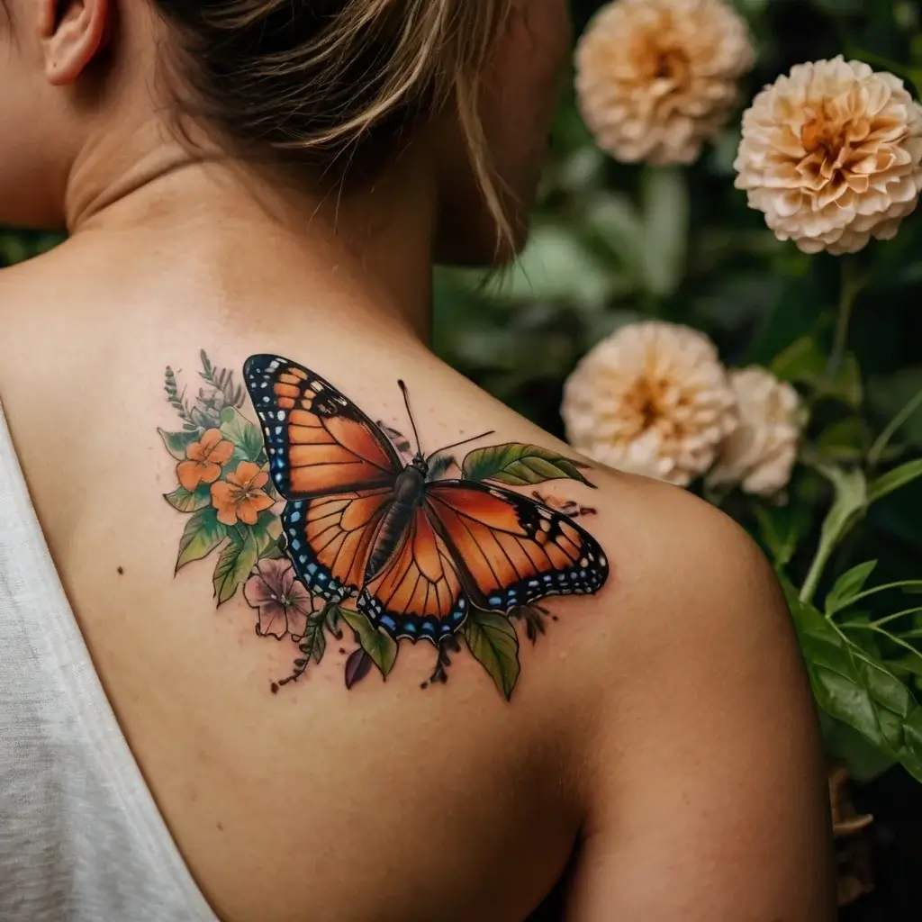 Vivid orange butterfly tattoo on shoulder, surrounded by green leaves and orange flowers, symbolizing transformation.