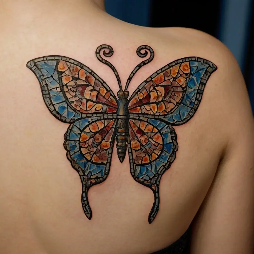 Mosaic butterfly tattoo with orange and blue shards on back; intricate design mimicking stained glass art.