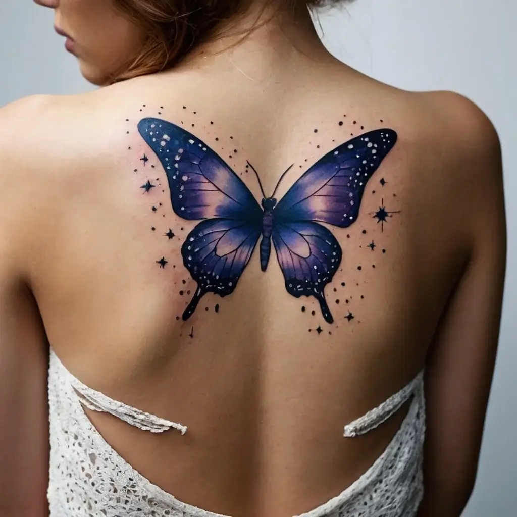 Tattoo of a vibrant blue and purple butterfly with delicate white spots, surrounded by small stars on the upper back.