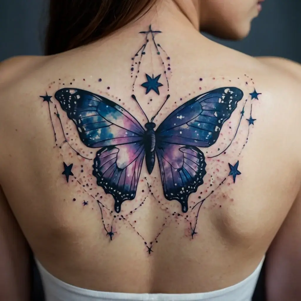 Galaxy-themed butterfly tattoo with star accents and constellation details on upper back.