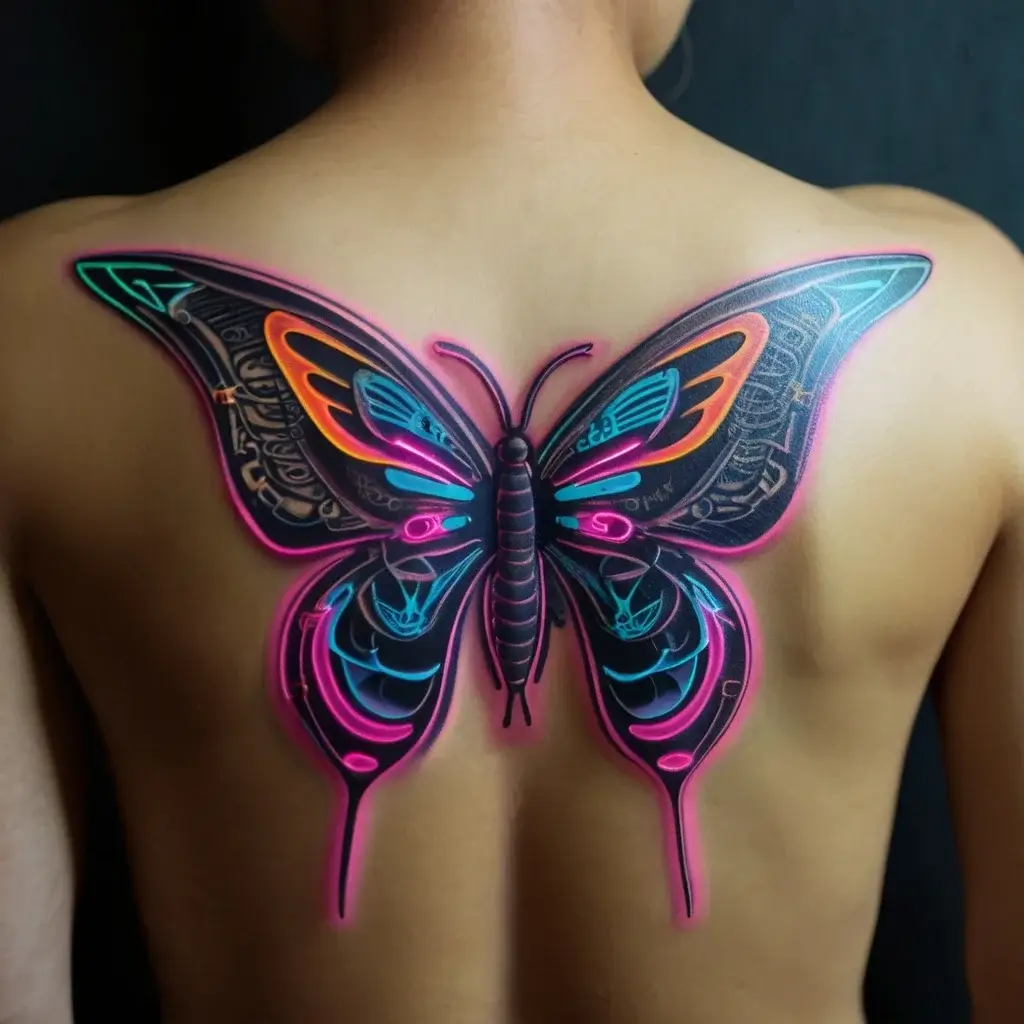 Neon butterfly tattoo on back, featuring intricate geometric patterns and vibrant hues of pink, blue, and orange.