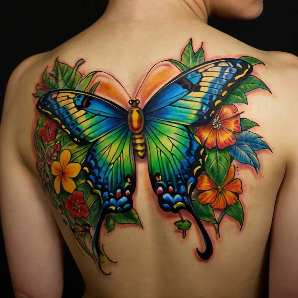 A vibrant butterfly tattoo on the back, with colorful wings merging into floral patterns, blending blues and greens with flowers.