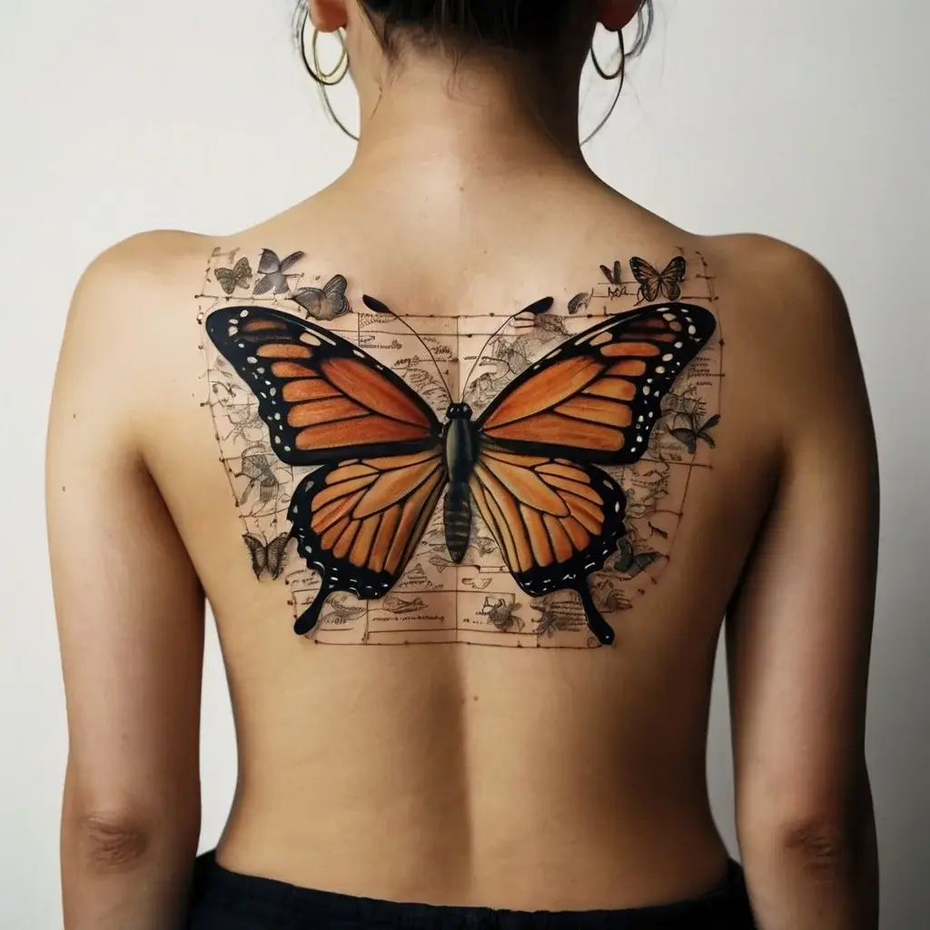 Large, vibrant monarch butterfly tattoo on back, set against a detailed map background with smaller butterflies.