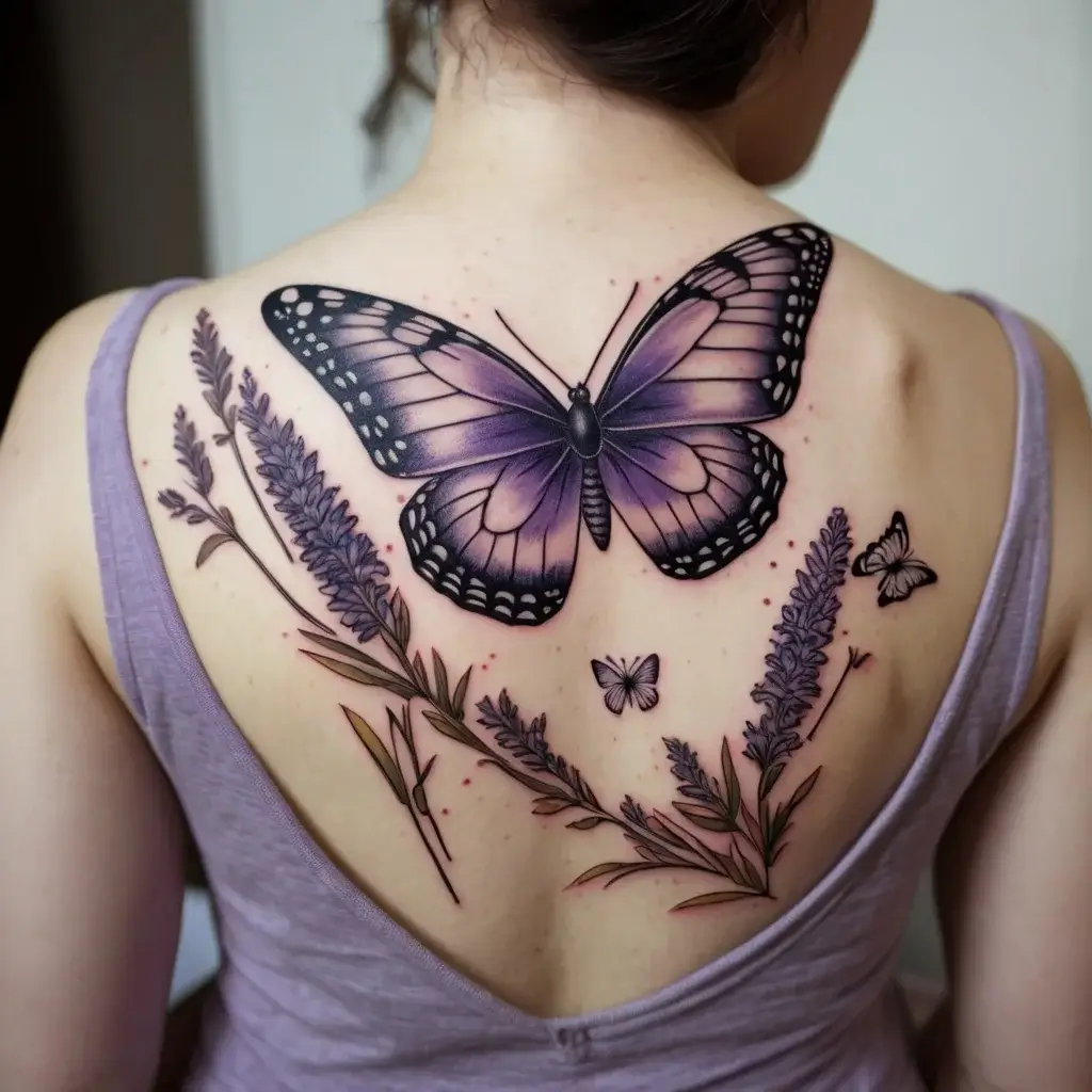 Purple butterfly and lavender tattoo on the back, symbolizing transformation and serenity with detailed shading.