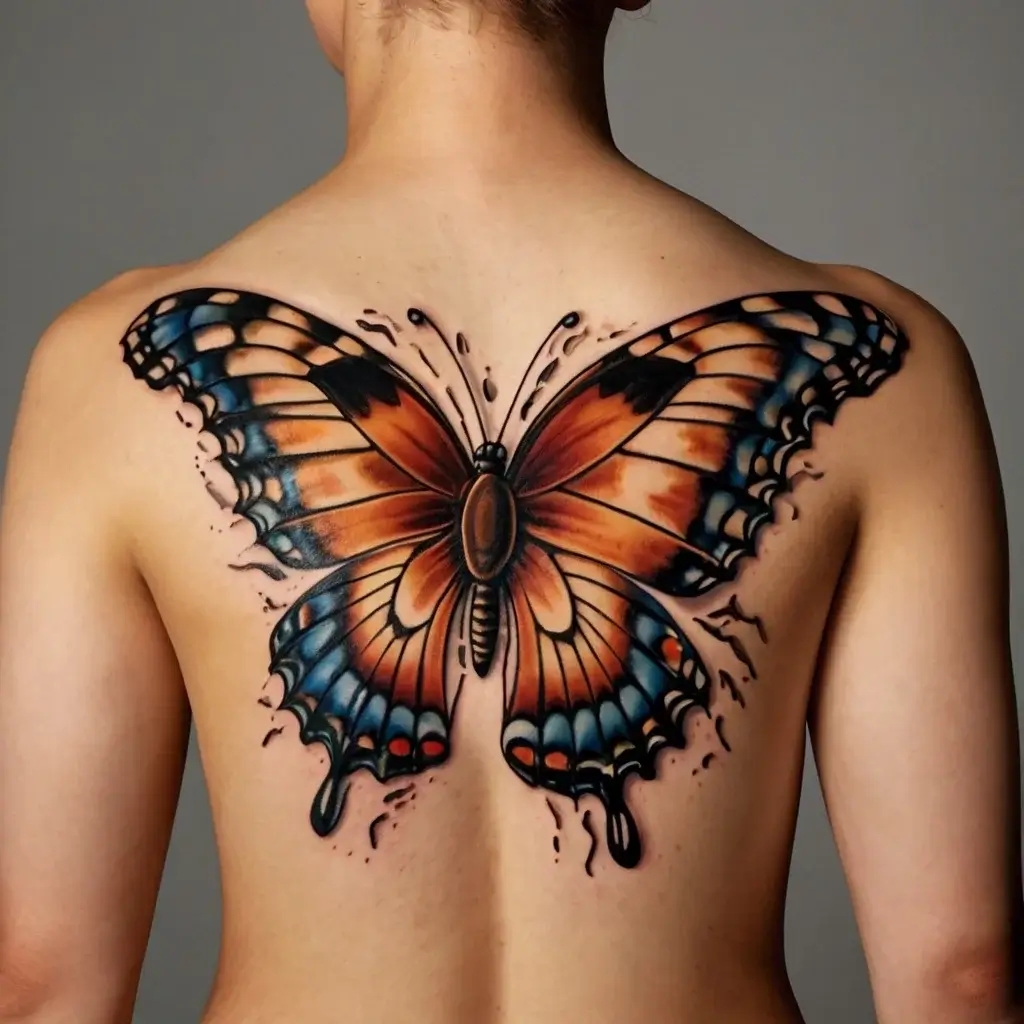 A vibrant butterfly tattoo on the back, featuring realistic orange, black, and blue wings with intricate detailing.