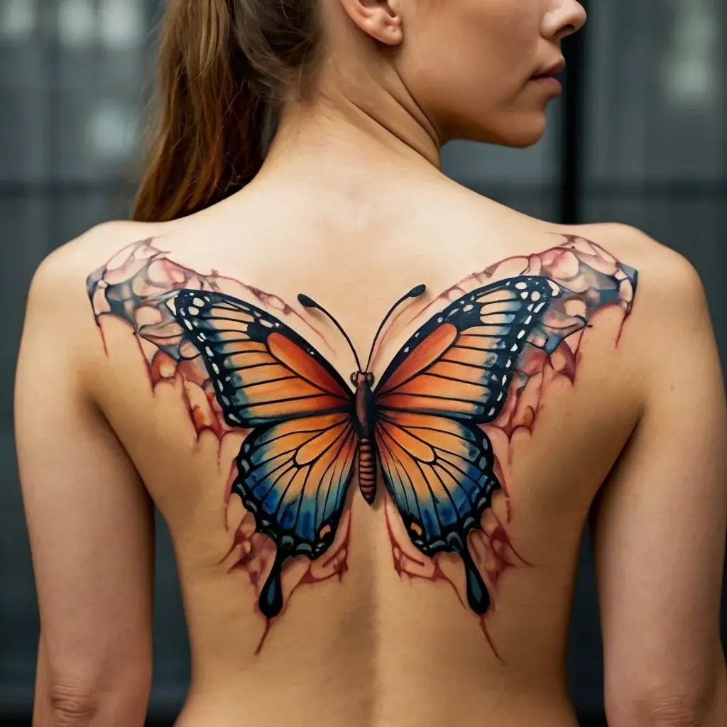 Intricate butterfly tattoo with vivid orange and blue hues, wings appear to break the skin, symbolizing transformation.