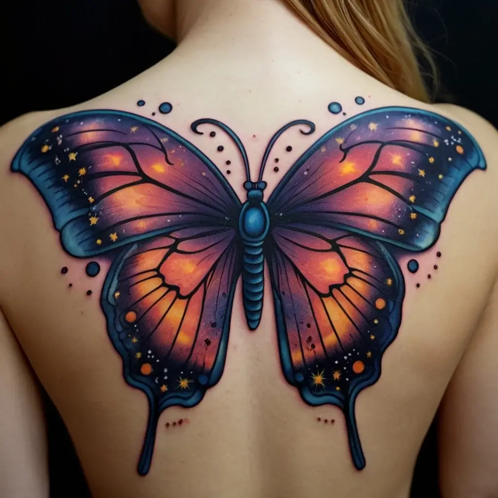 Colorful butterfly tattoo on back, blending blue and orange hues with starry patterns, creating a cosmic aesthetic.