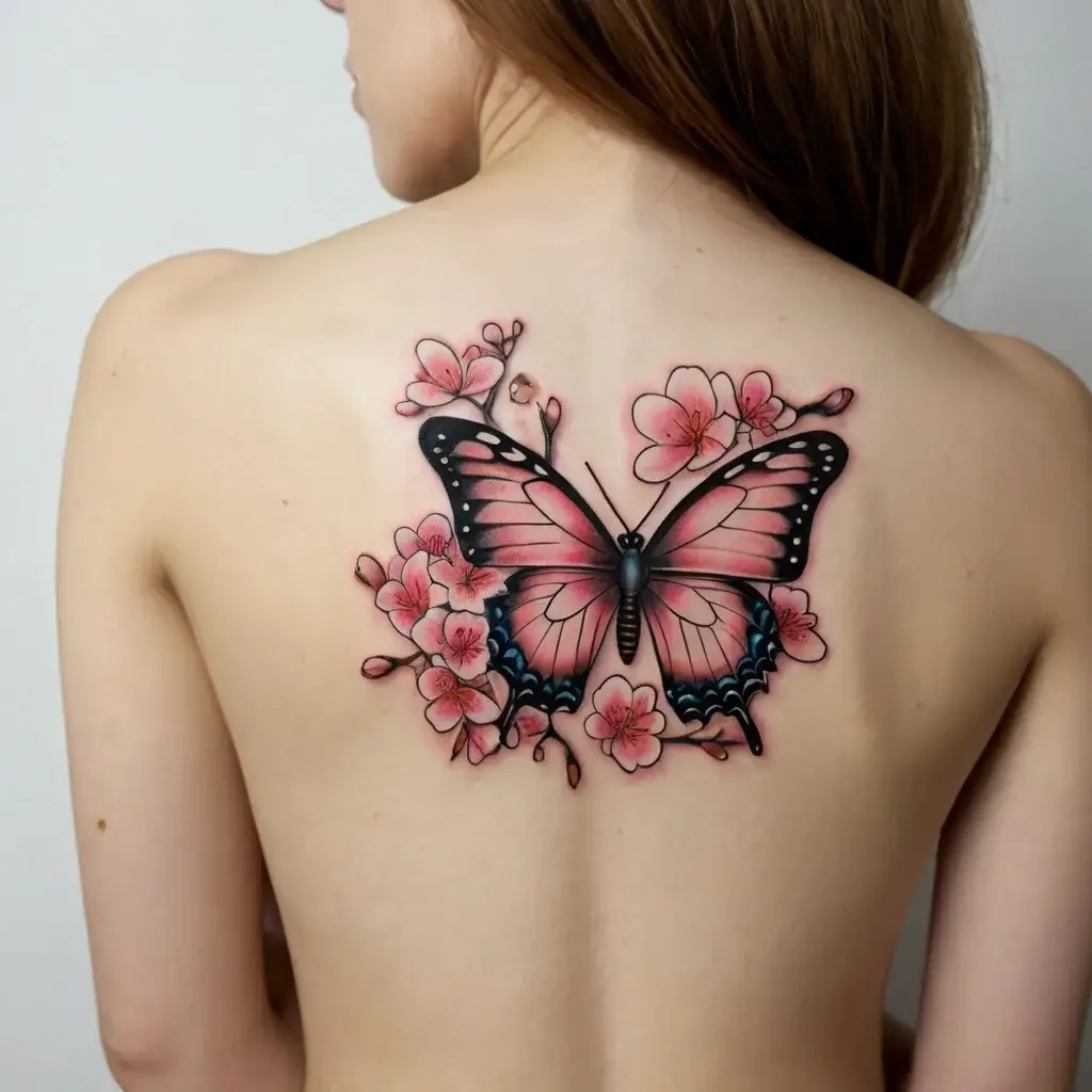 Tattoo of a pink butterfly among cherry blossoms on a back, symbolizing transformation and beauty, finely detailed in color.