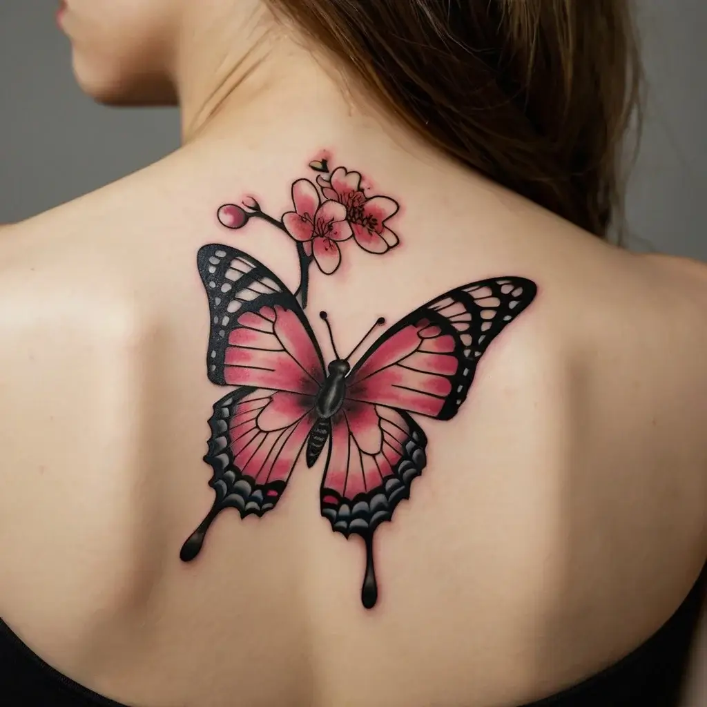 Tattoo of a pink butterfly with gradient wings and outlined details, paired with a cherry blossom, on the upper back.