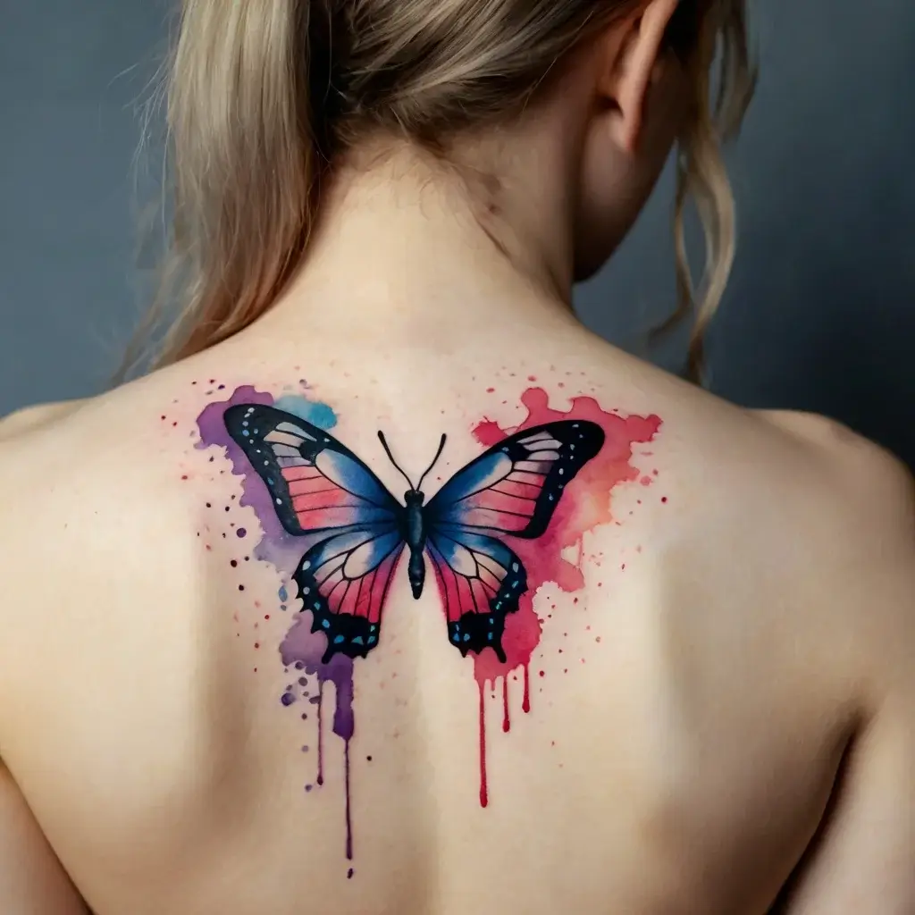 Watercolor butterfly tattoo on back, with vibrant blues and pinks blending into a splatter effect for a dynamic look.