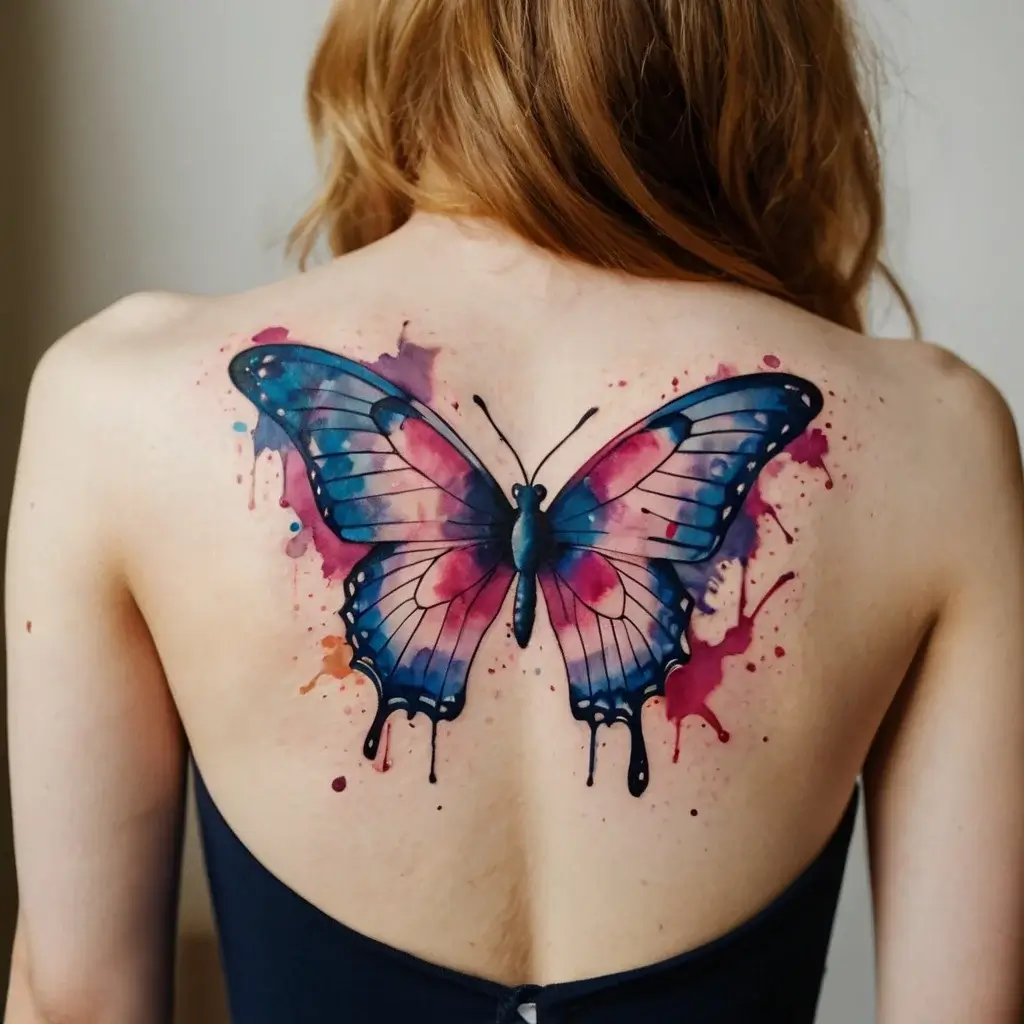 Watercolor butterfly tattoo on the back with vibrant blue and pink splashes, blending seamlessly for a dynamic look.