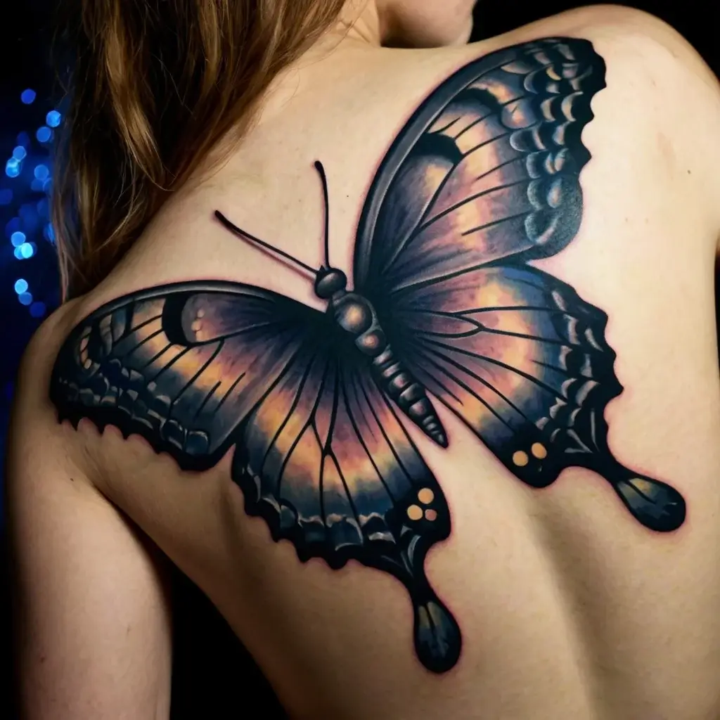 Large, realistic butterfly tattoo on the back, with vibrant orange and blue hues, detailed wings, and delicate shading.