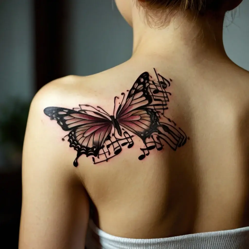 Butterfly tattoo with pink and black wings, intertwined with musical notes, symbolizing transformation and harmony.