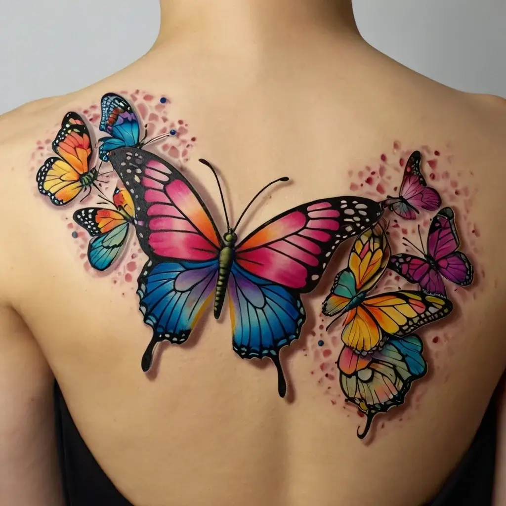 Vibrant butterfly tattoo on back, featuring colorful wings in shades of pink, blue, orange, and purple, surrounded by smaller butterflies.