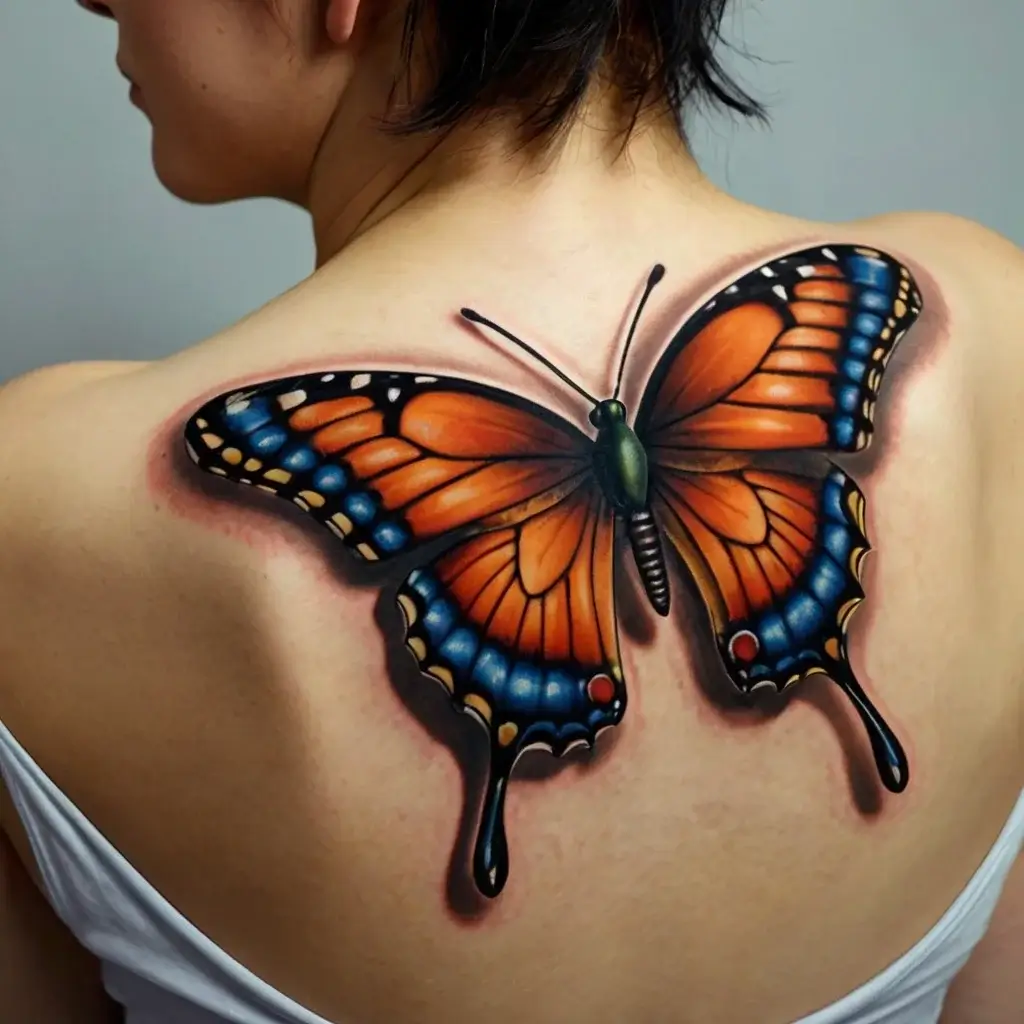 A vibrant 3D-style butterfly tattoo with orange and blue wings, creating a lifelike and dynamic effect on the back.