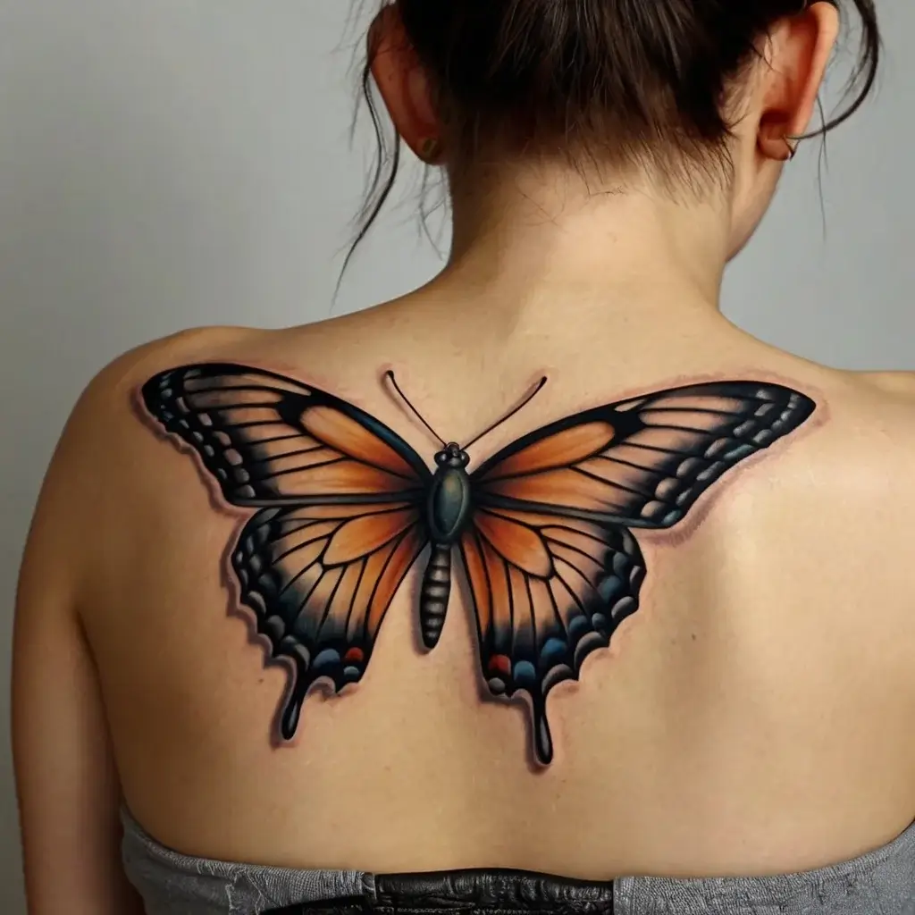 Realistic butterfly tattoo on the back, with vibrant orange and black wings, showcasing intricate shading and detail.