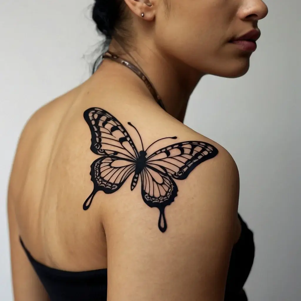 Tattoo of a realistic black butterfly on the shoulder, showcasing intricate wing patterns and bold outlines.