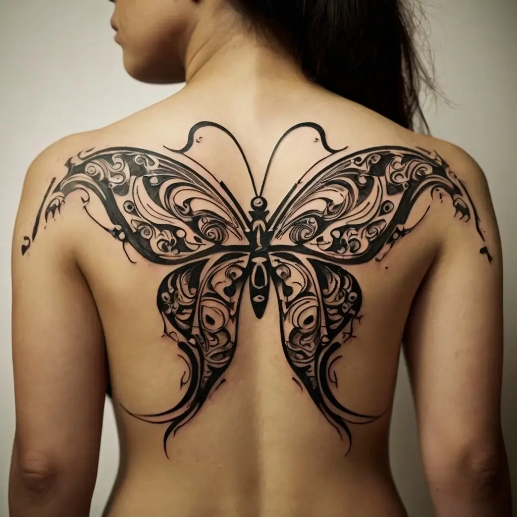 Intricate black butterfly tattoo with ornate swirls and patterns, covering the upper back symmetrically.