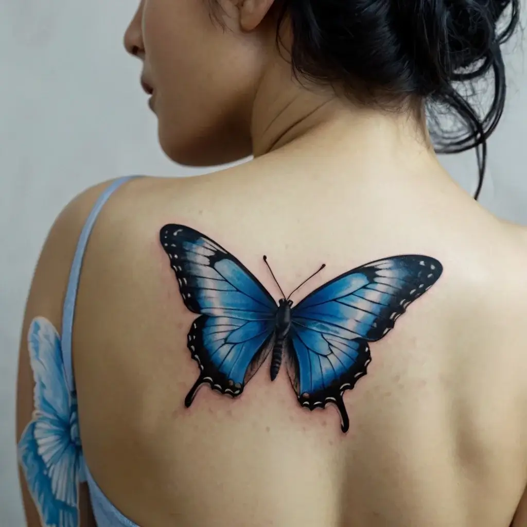 A vibrant blue butterfly tattoo on the upper back symbolizes transformation and freedom, with realistic shading and detail.