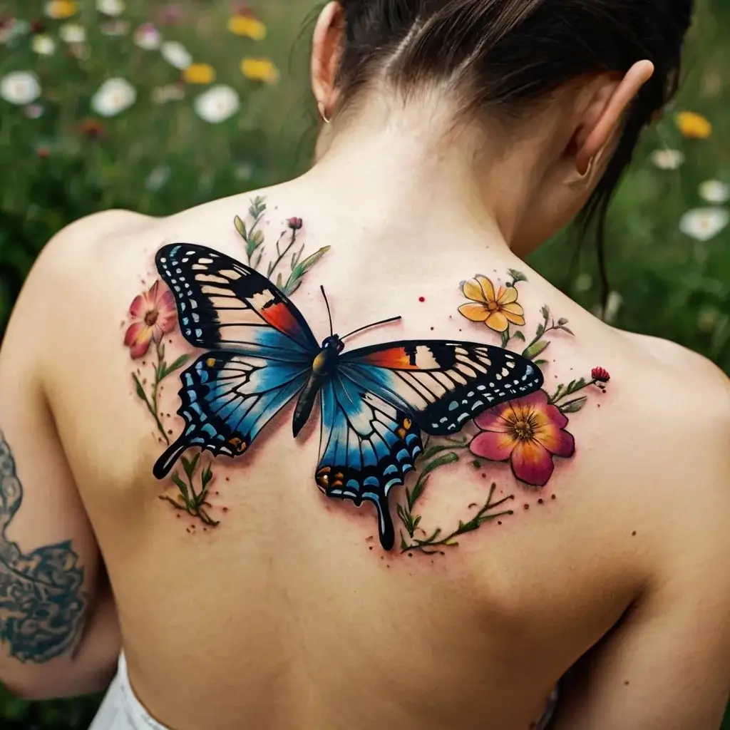 A vibrant tattoo of a blue and orange butterfly on the back, surrounded by colorful flowers and delicate greenery.