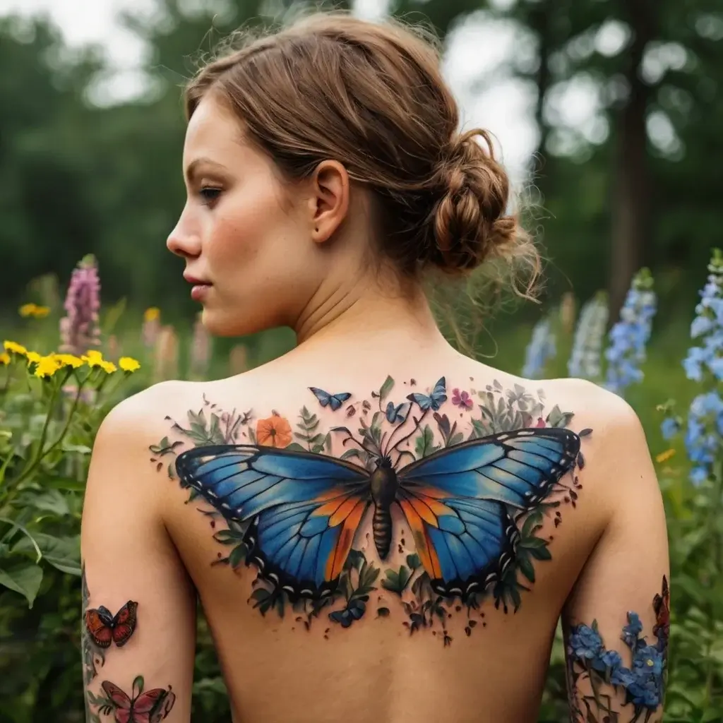 A vibrant blue and orange butterfly tattoo on the back, surrounded by colorful flowers and foliage, symbolizing transformation.