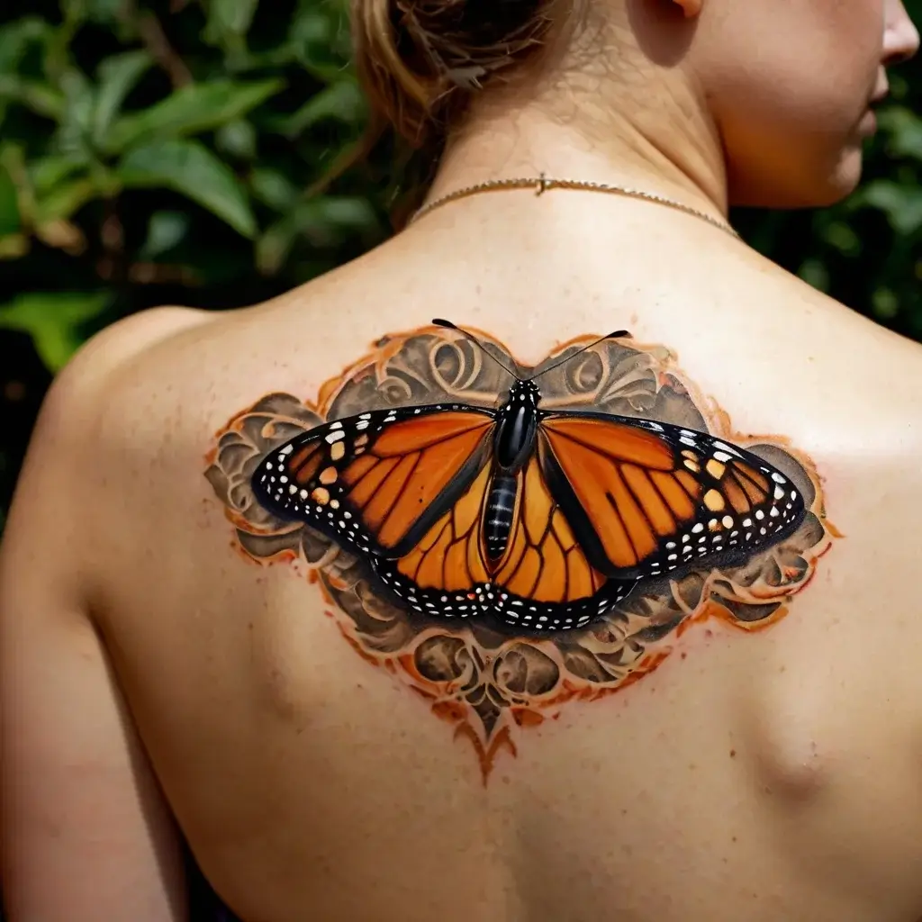 Realistic butterfly tattoo on back, vibrant orange wings with intricate black and white details, overlaying elegant filigree.