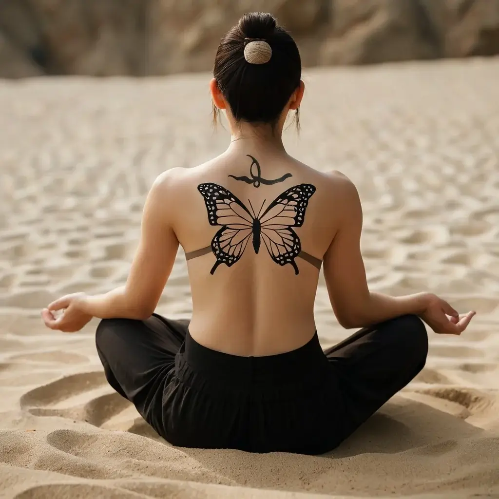 Tattoo of a large black butterfly with detailed wings on the back, topped with an abstract symbol near the neck.