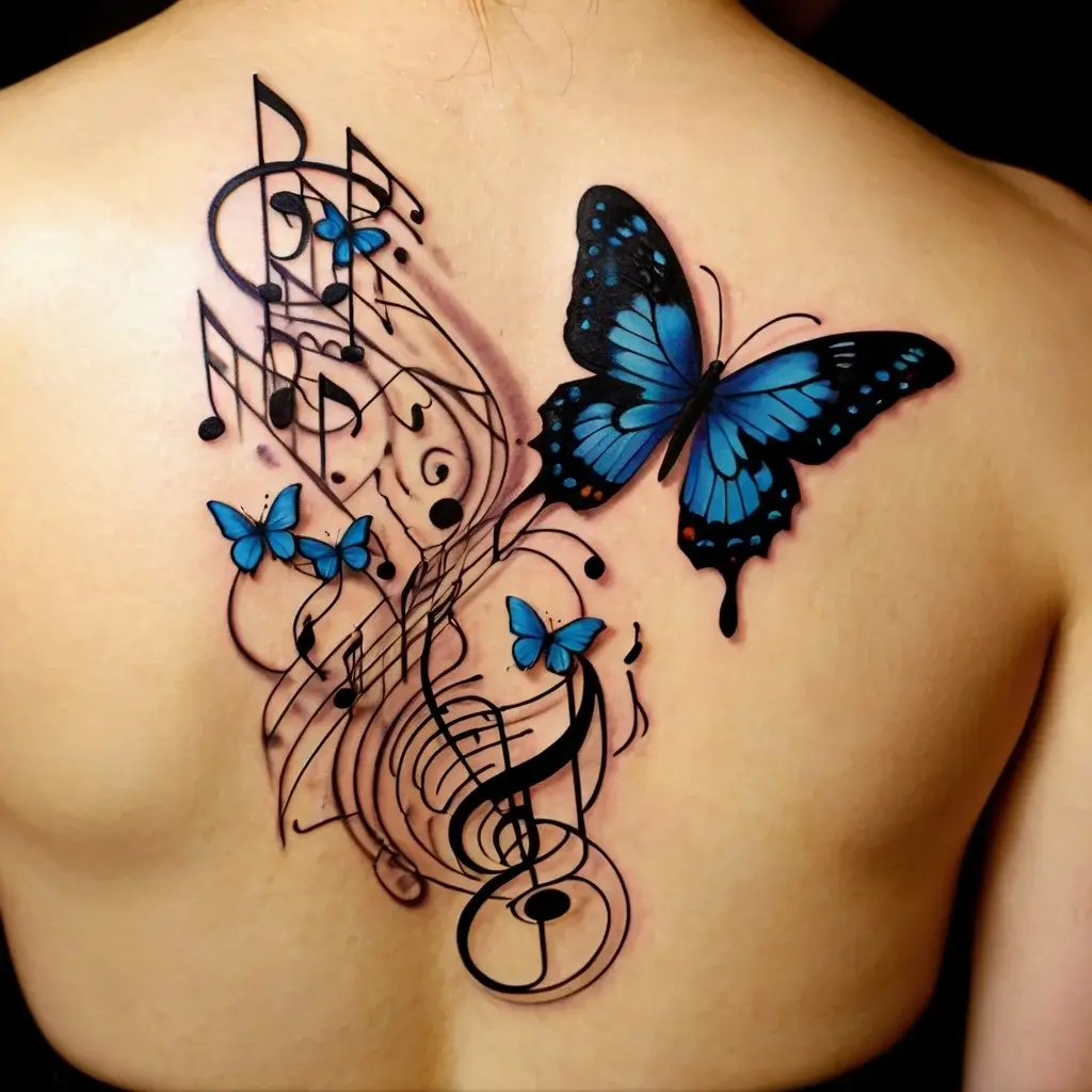 Tattoo of vibrant blue butterflies intertwined with flowing musical notes, symbolizing harmony and transformation.