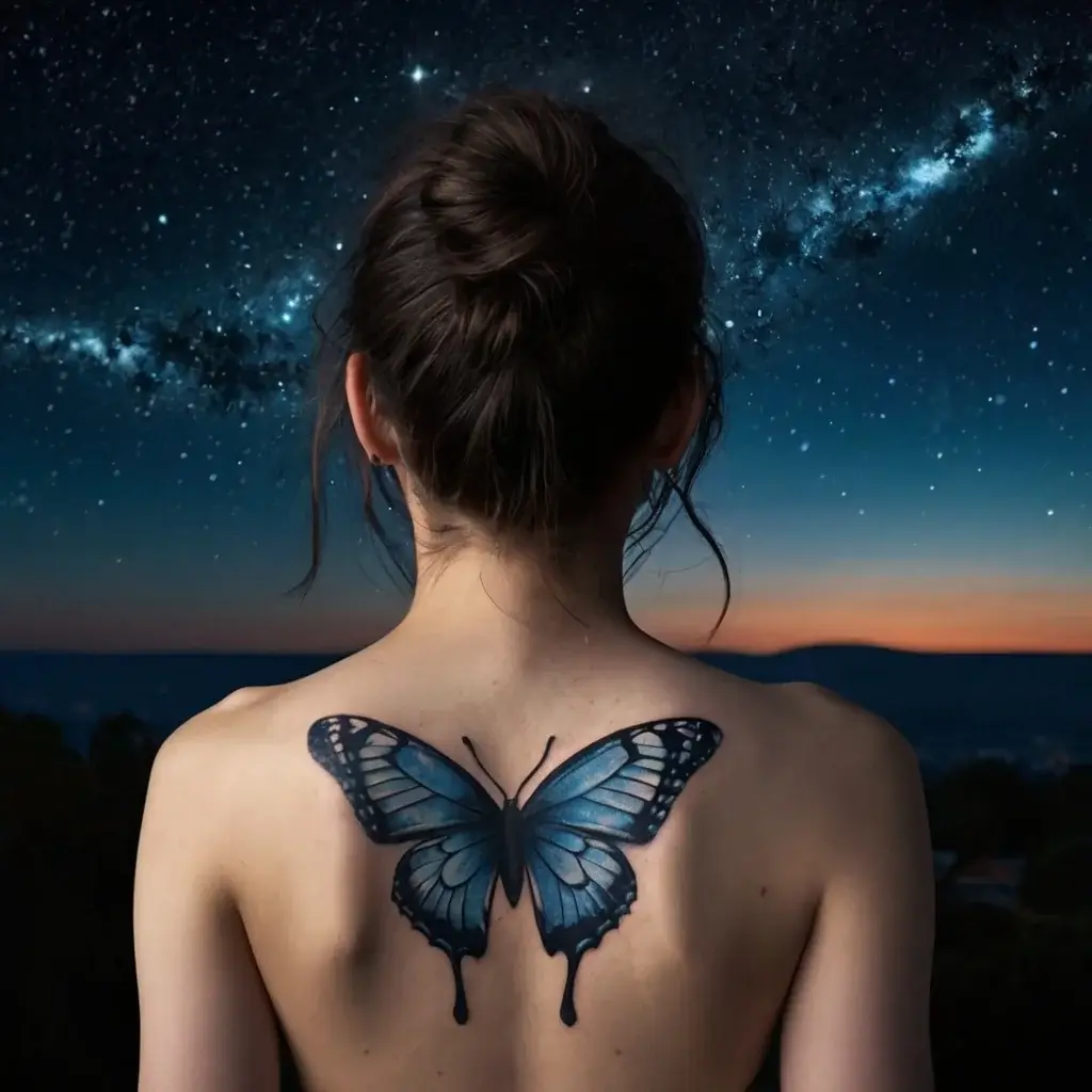 A realistic blue butterfly tattoo on the upper back, with intricate wing details and a nighttime sky-inspired setting.