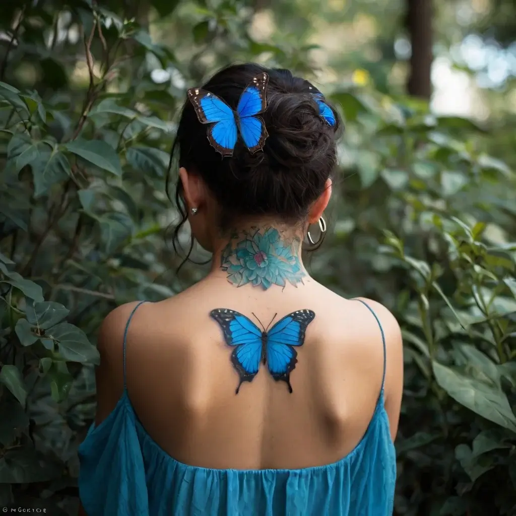 A vibrant blue butterfly tattoo on the upper back, paired with a lotus flower design on the neck for symbolic harmony.