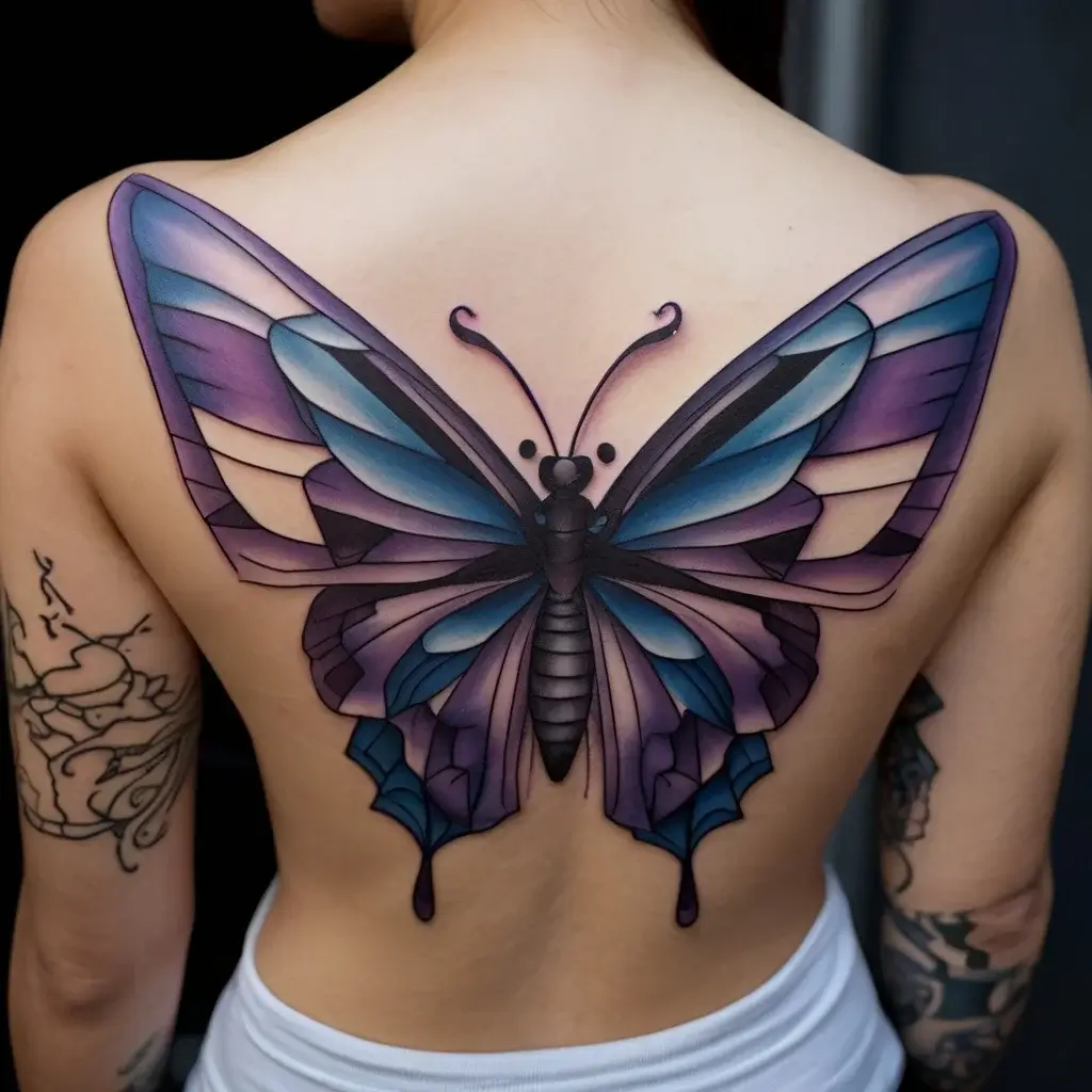 A vibrant watercolor butterfly tattoo on the back, featuring shades of blue, purple, and pink with geometric accents.