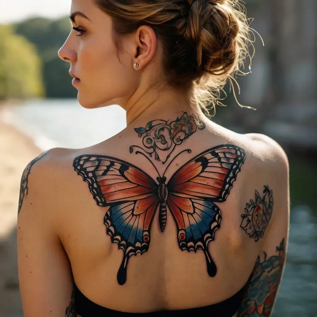 Vibrant butterfly tattoo with blue and orange wings, intricate swirls and floral accents on upper back, conveying transformation.